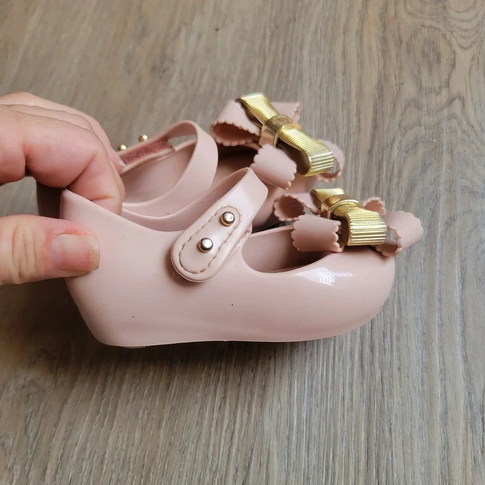 Mini Melissa Girls Mary Jane 5 Pink Gold Bow Jelly Dressy Party Shoes